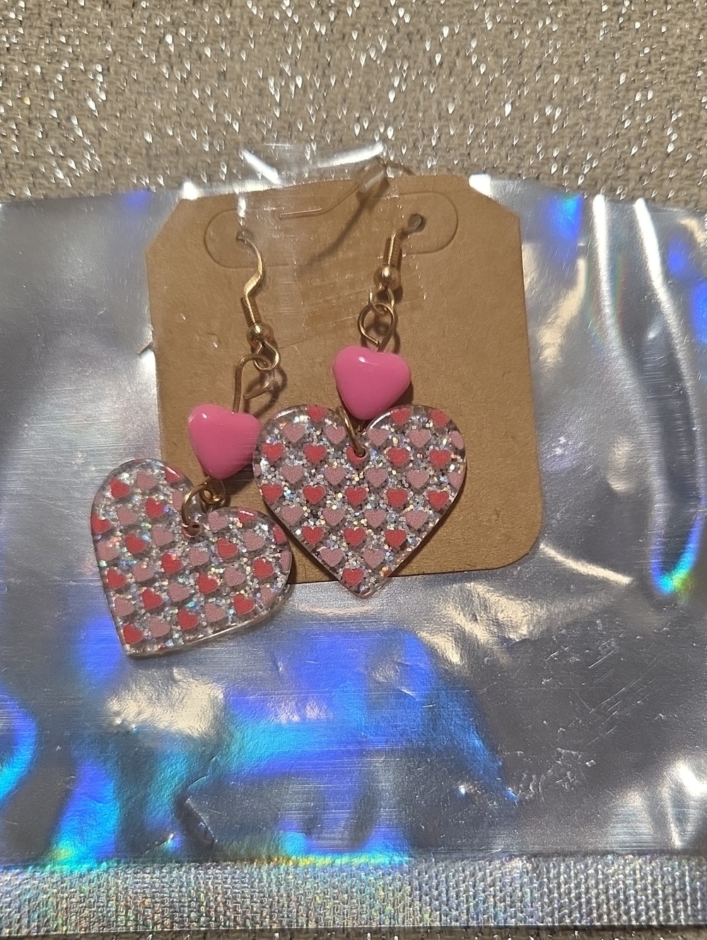 Pink Heart Drop Earrings — Glitter Heart Pattern